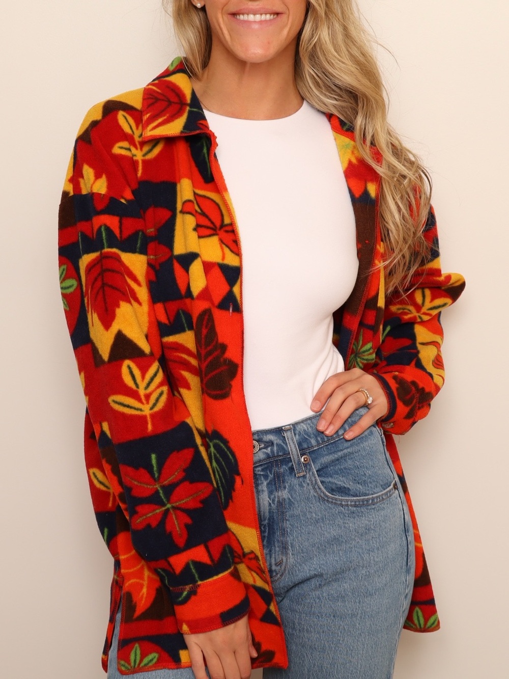 Vintage BCC Fall Leaf Print Fleece Button Down Shacket Jacket Size Large